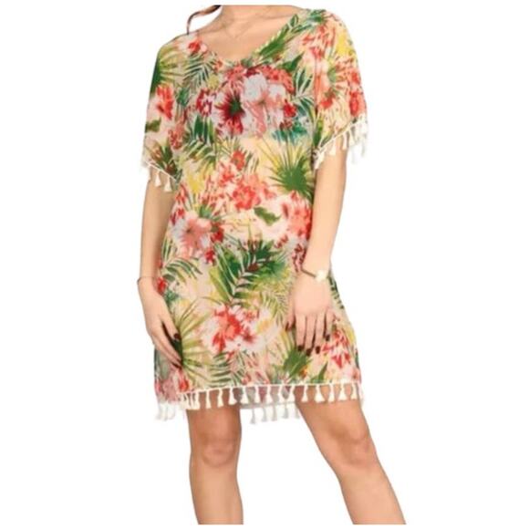 lildy Other - new Lildy floral sheer mesh pom pom tassel swim cover up dress large SW 4965